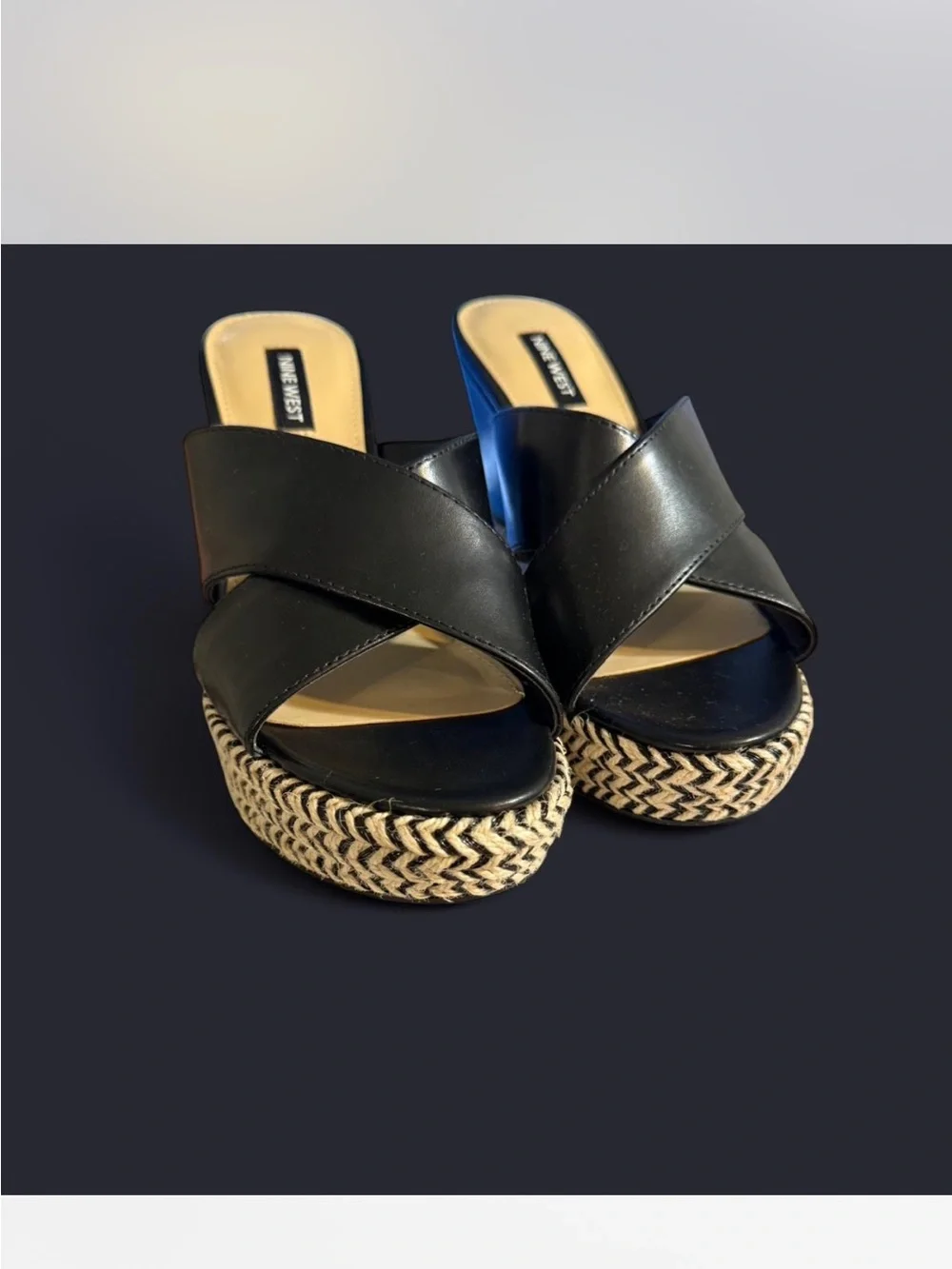 Nine West Black Leather Espadrille Platform Wedges